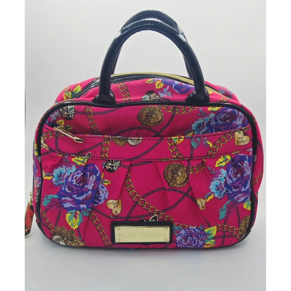 Betsey Johnson Y2K Pink Floral Chain Print Nylon Satchel Bag Black Patent‎ Trim